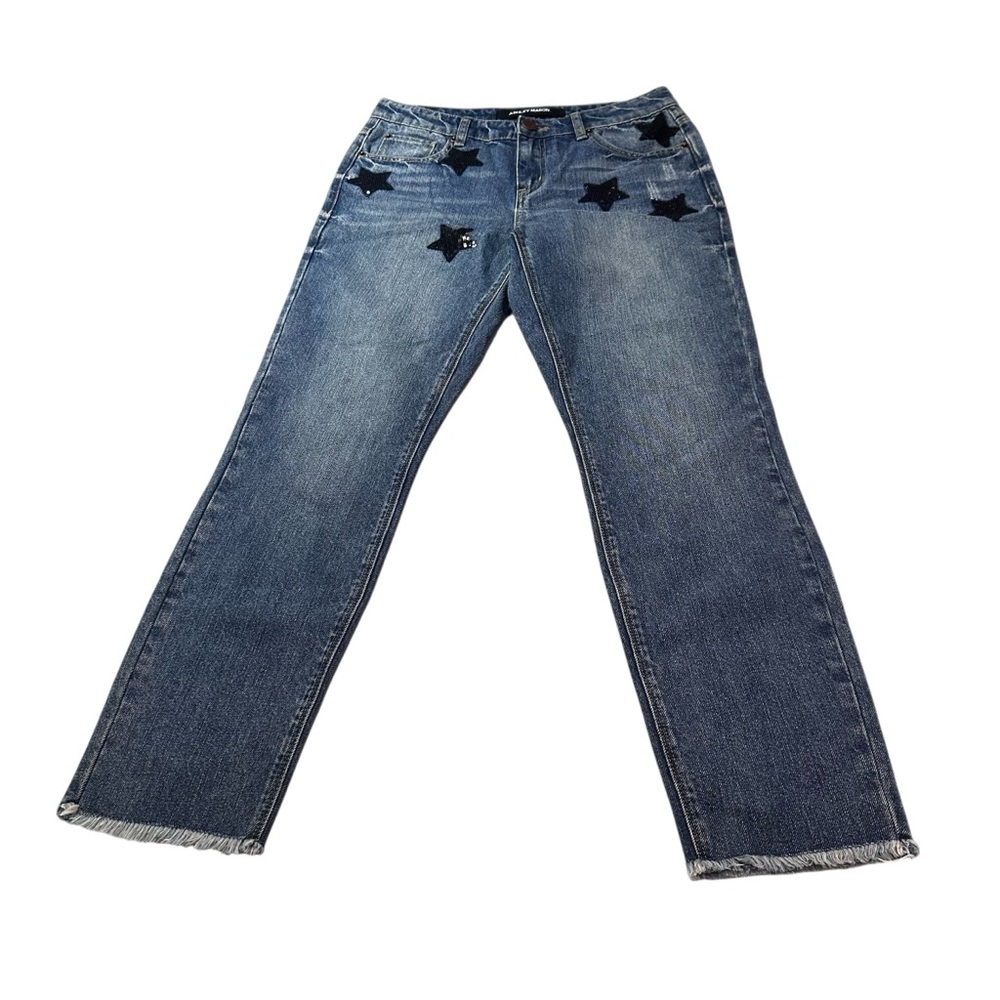 Ashley Mason Star Patch Bootcut Jeans Size 25 Medium Wash Raw Hem